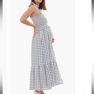 RIPE Phoebe Smocked Maternity Dress White Navy Plaid Size Small